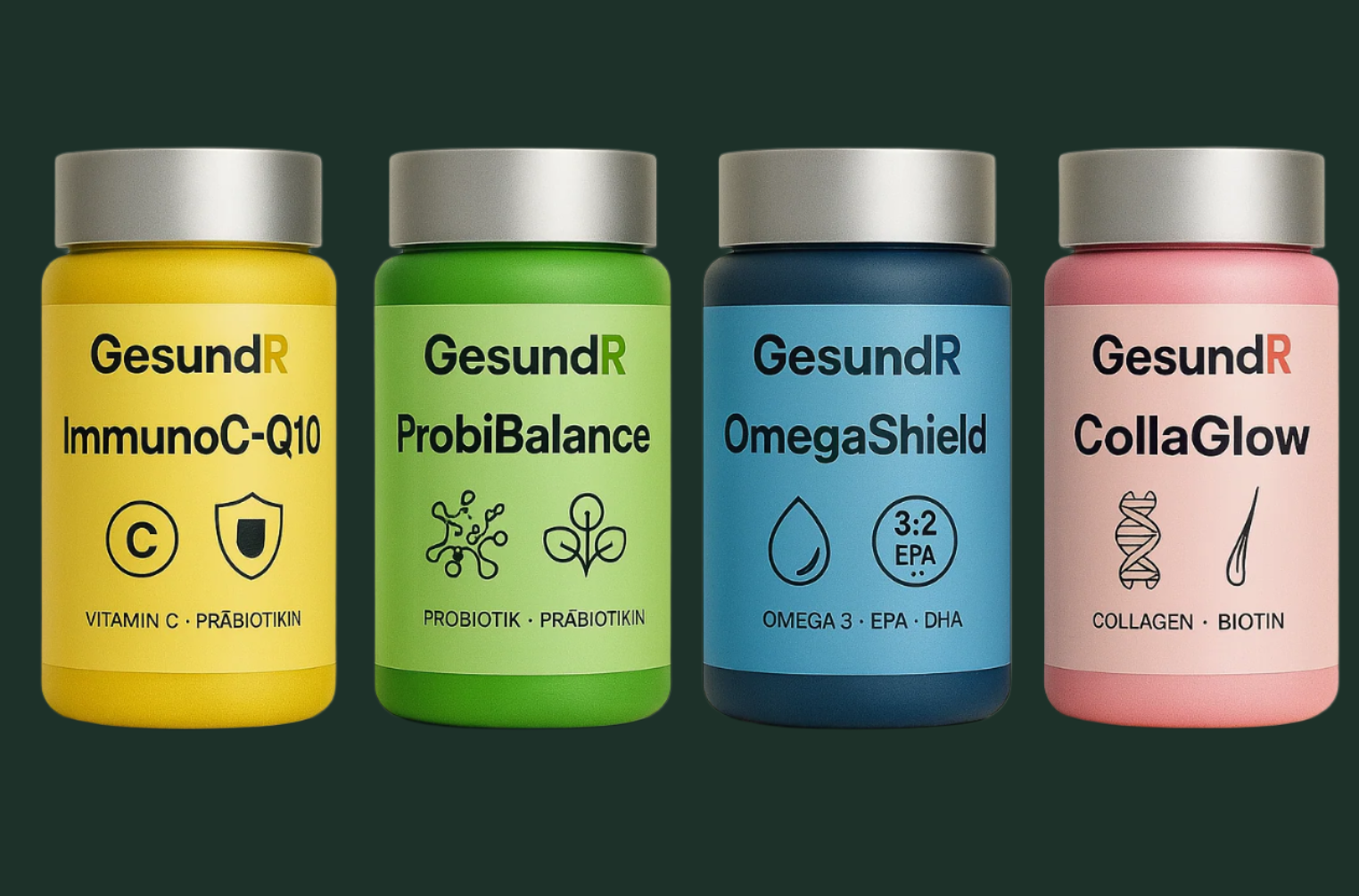 Four colorful supplement jars labeled GesundR on a light background